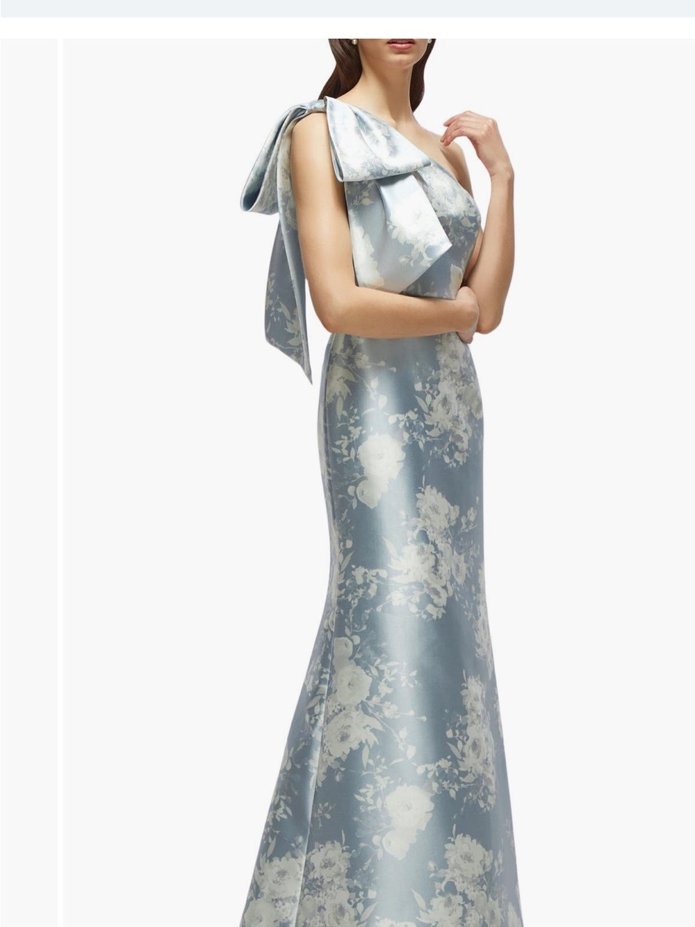 ALFRED SUNG One-Shoulder Pale Blue and Ivory Floral Jacquard Gown - Picture 4 of 7